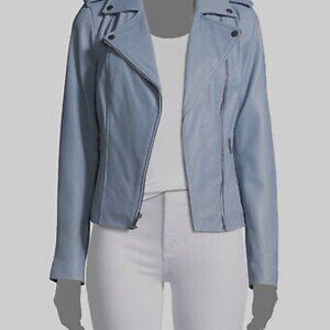 Neiman Marcus Women's Blue Leather Zip-Front Moto Jacket